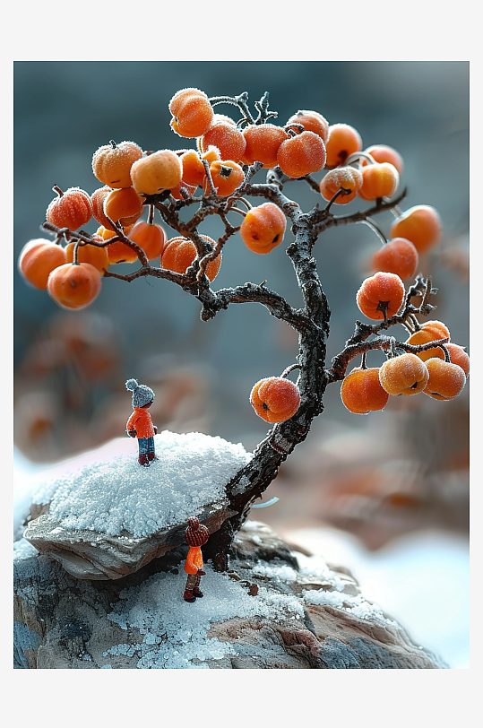 创意微距柿子树下的小人-众图网