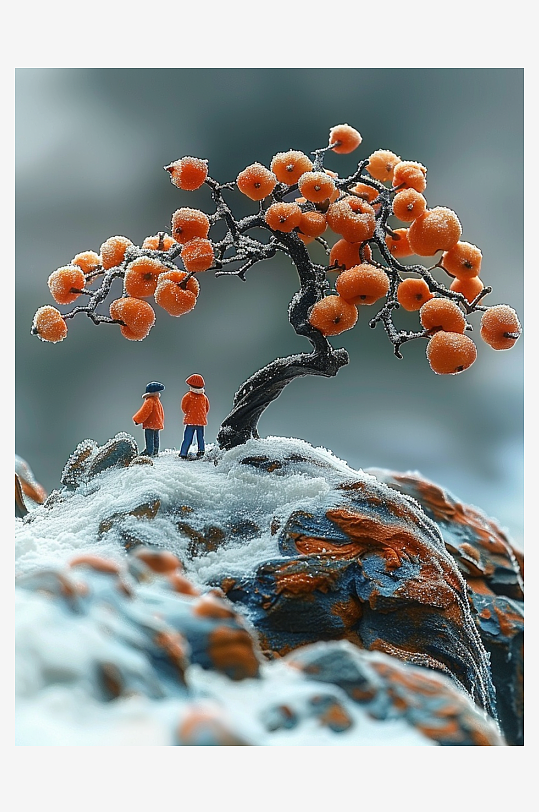 创意微距柿子树下的小人-众图网