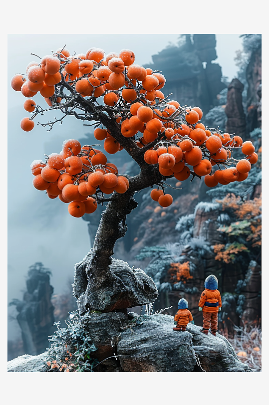 创意微距柿子树下的小人-众图网