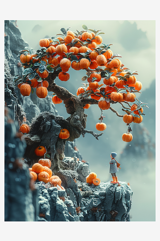 创意微距柿子树下的小人-众图网
