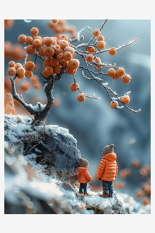 创意微距柿子树下的小人-众图网