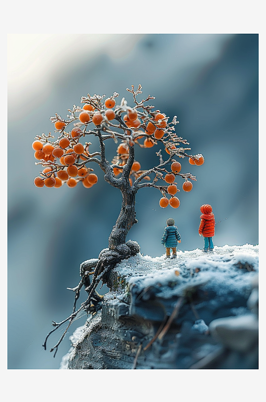 创意微距柿子树下的小人-众图网