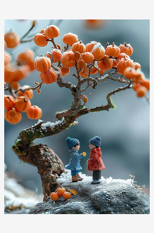 创意微距柿子树下的小人-众图网