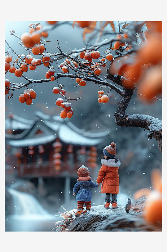 创意微距柿子树下的小人-众图网