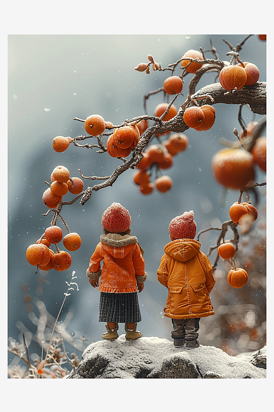 创意微距柿子树下的小人-众图网