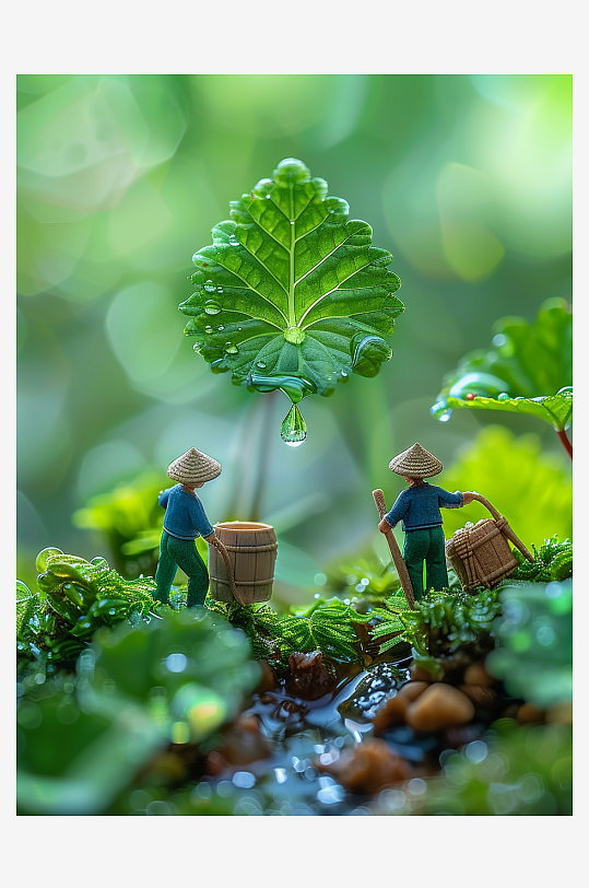 创意微距绿叶上的小人-众图网