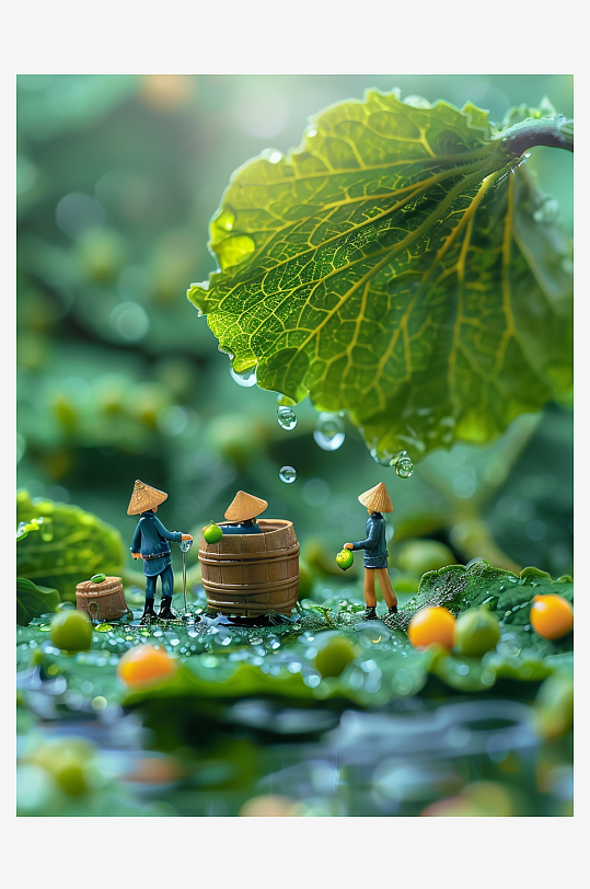 创意微距绿叶上的小人-众图网