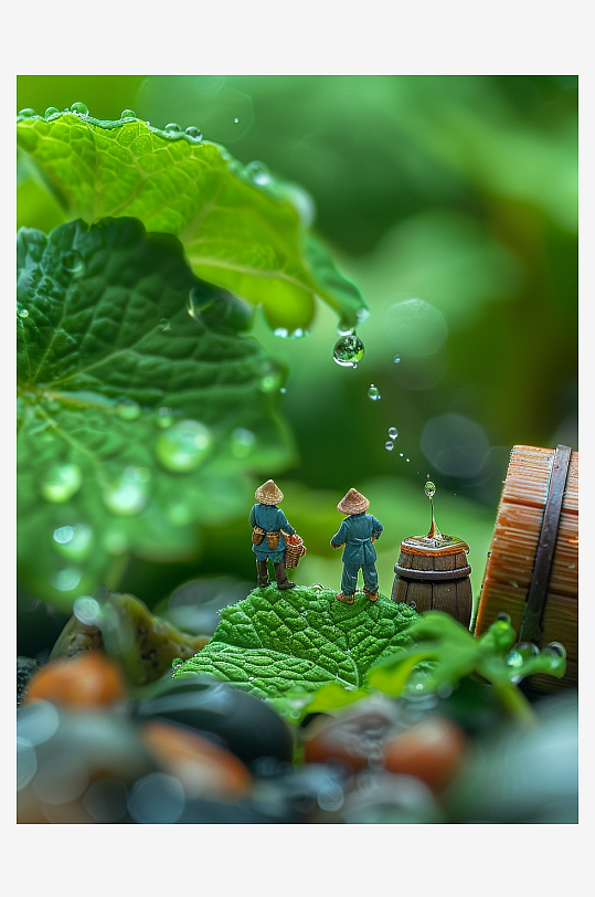 创意微距绿叶上的小人-众图网