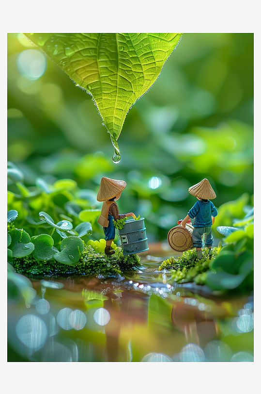 创意微距绿叶上的小人-众图网