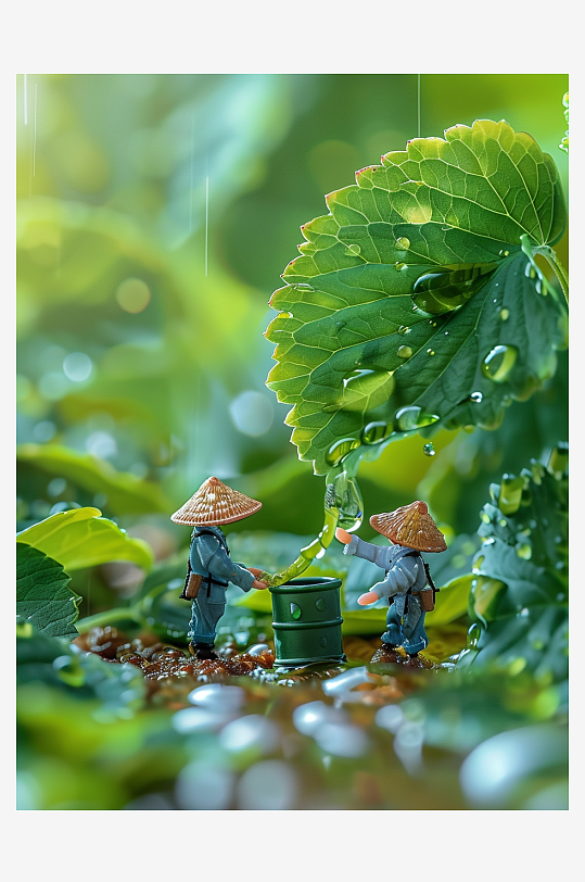 创意微距绿叶上的小人-众图网