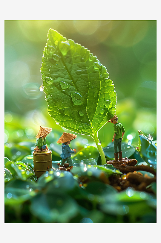 创意微距绿叶上的小人-众图网