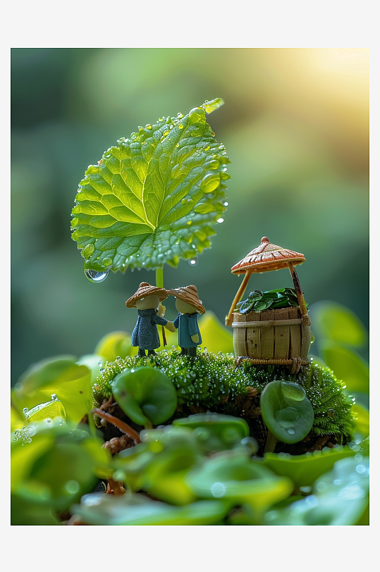 创意微距绿叶上的小人-众图网