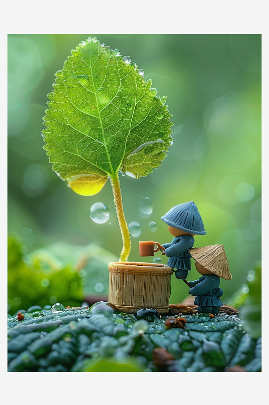 创意微距绿叶上的小人-众图网