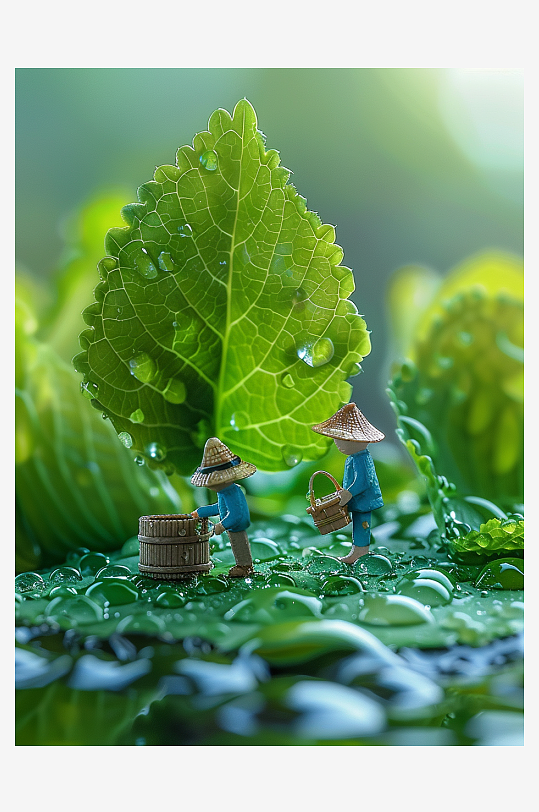 创意微距绿叶上的小人-众图网