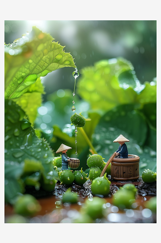 创意微距绿叶上的小人-众图网