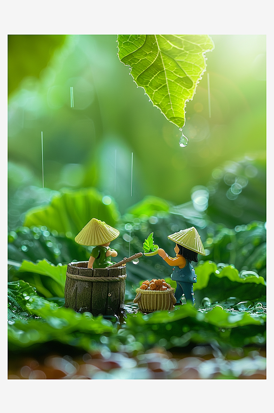 创意微距绿叶上的小人-众图网