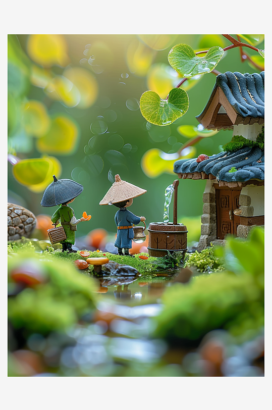 创意微距绿叶上的小人-众图网