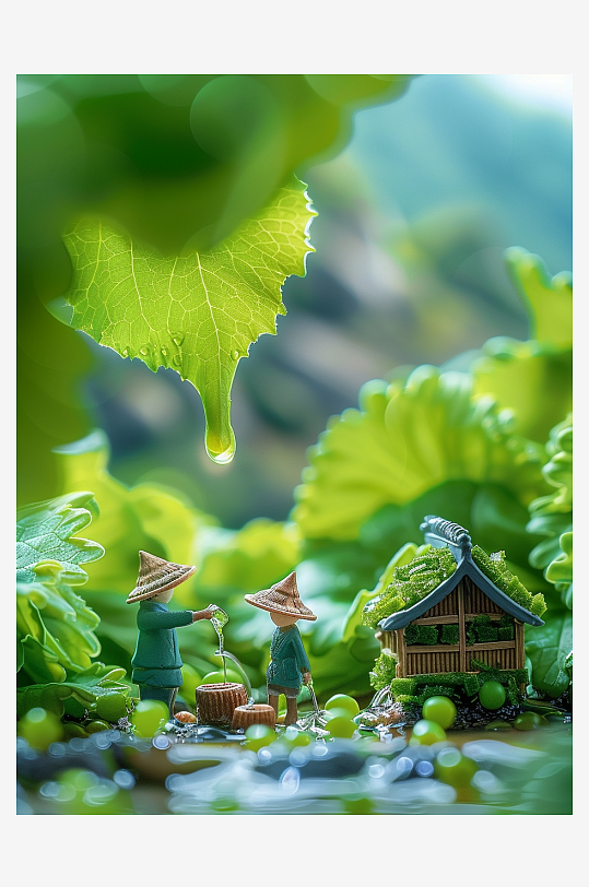 创意微距绿叶上的小人-众图网