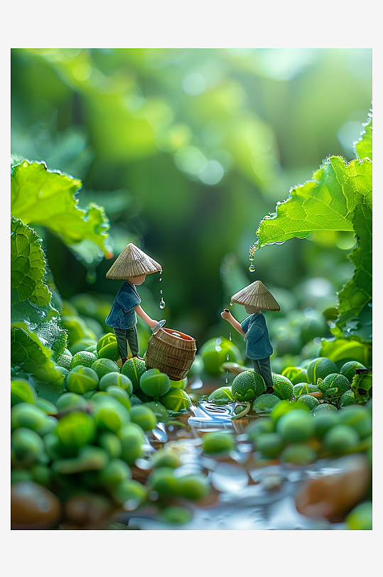 创意微距绿叶上的小人-众图网