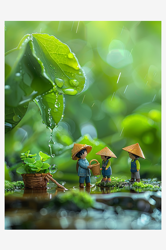 创意微距绿叶上的小人-众图网