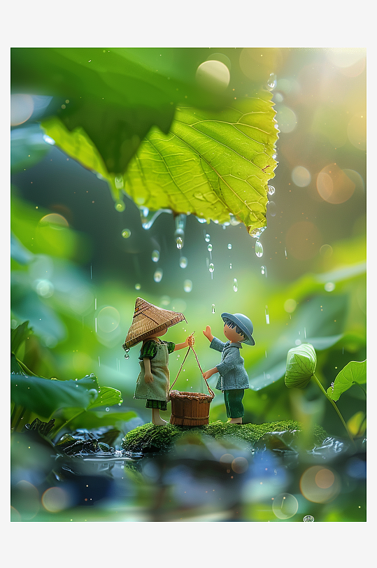 创意微距绿叶上的小人-众图网