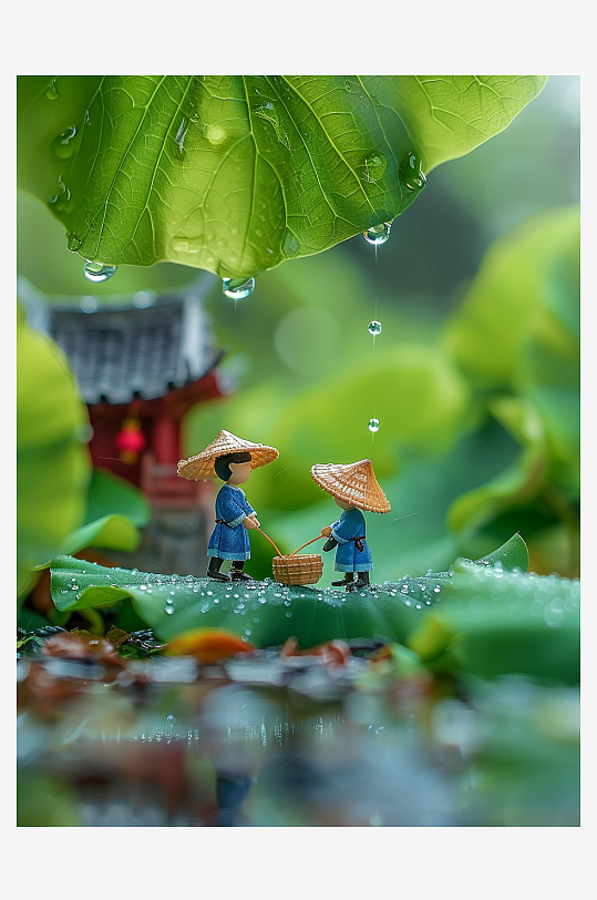 创意微距绿叶上的小人-众图网