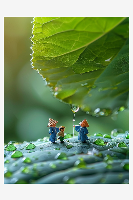 创意微距绿叶上的小人-众图网