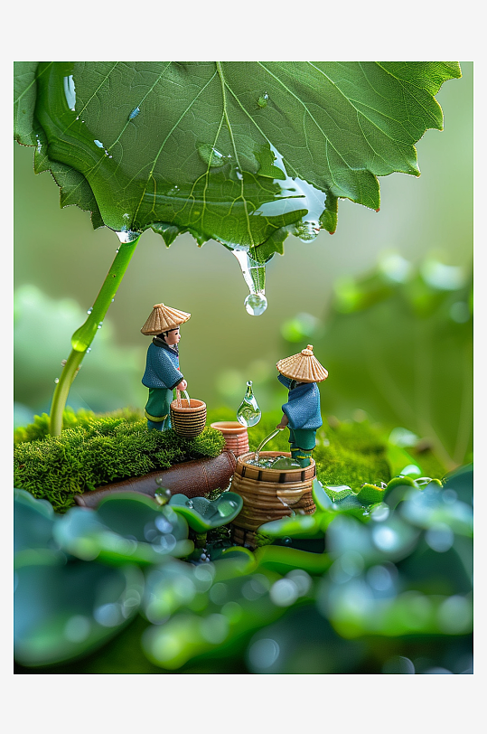 创意微距绿叶上的小人-众图网