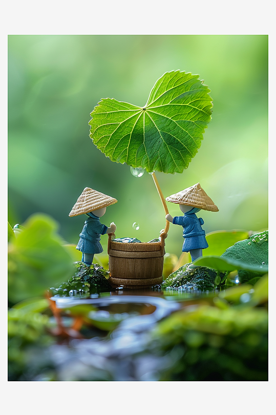 创意微距绿叶上的小人-众图网