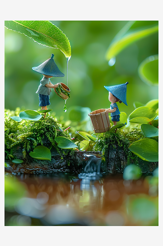 创意微距绿叶上的小人-众图网