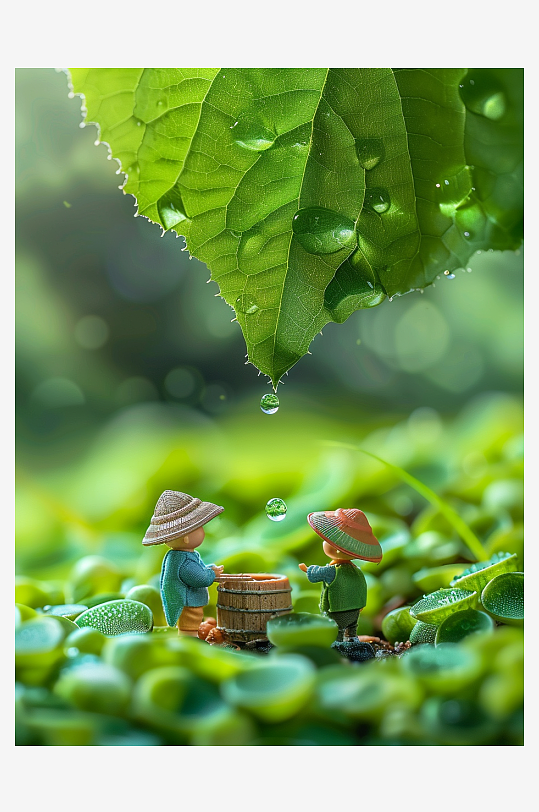 创意微距绿叶上的小人-众图网