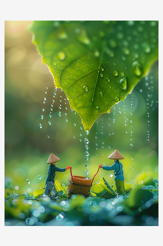 创意微距绿叶上的小人-众图网