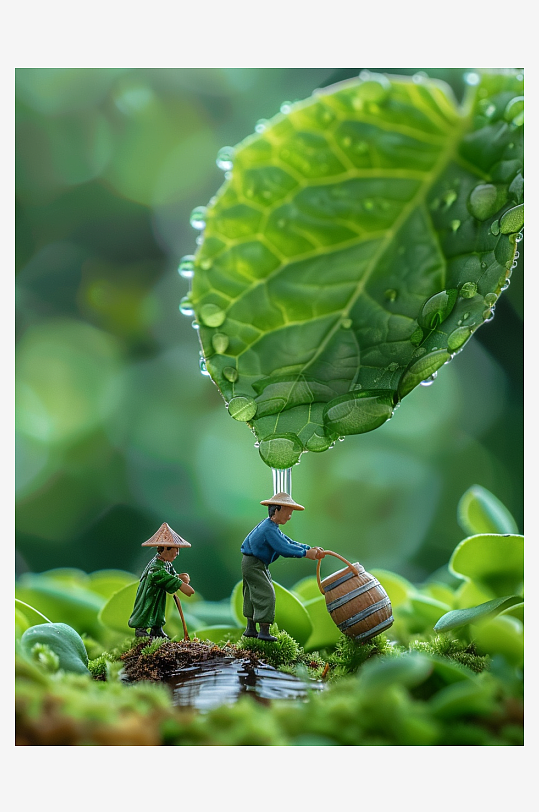 创意微距绿叶上的小人-众图网