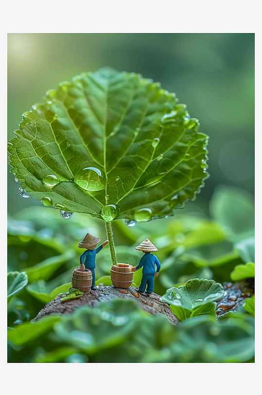 创意微距绿叶上的小人-众图网