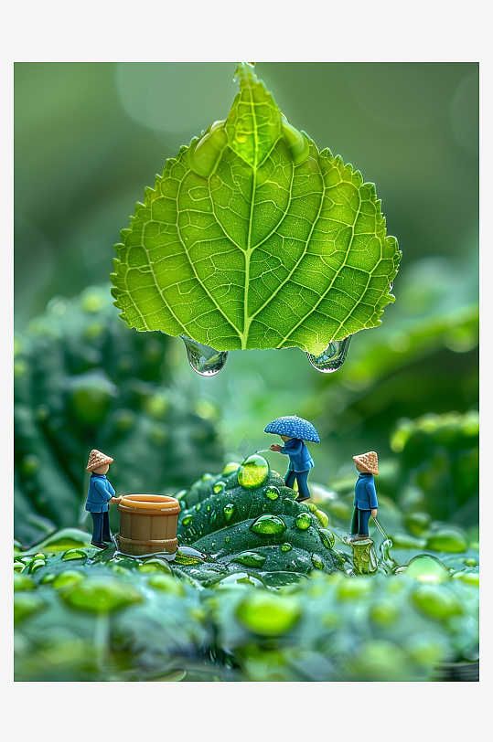 创意微距绿叶上的小人-众图网