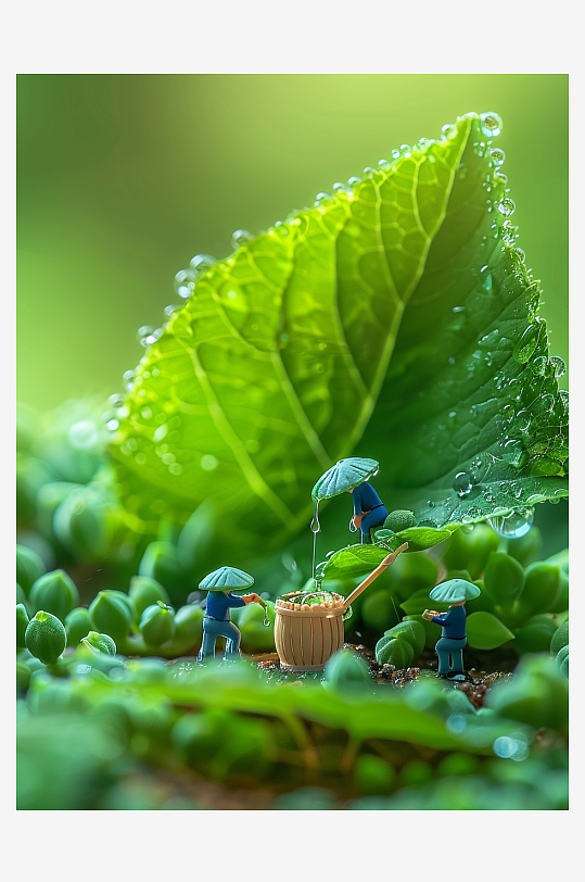 创意微距绿叶上的小人-众图网