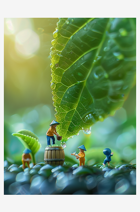 创意微距绿叶上的小人-众图网