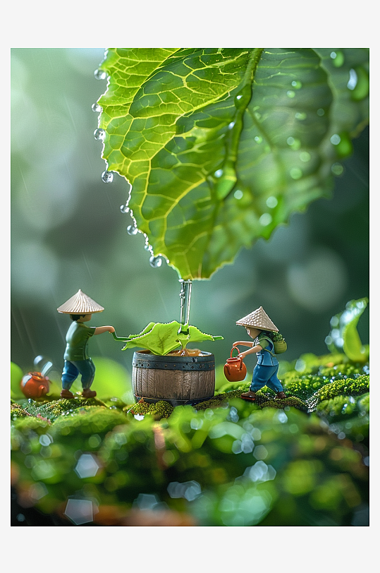 创意微距绿叶上的小人-众图网