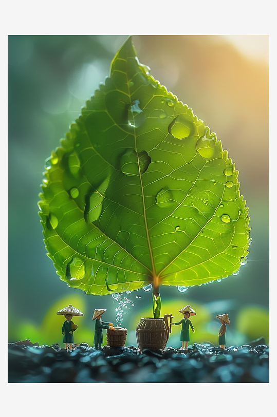 创意微距绿叶上的小人-众图网