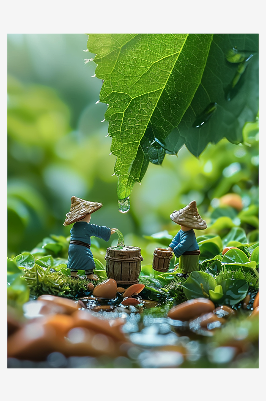 创意微距绿叶上的小人-众图网