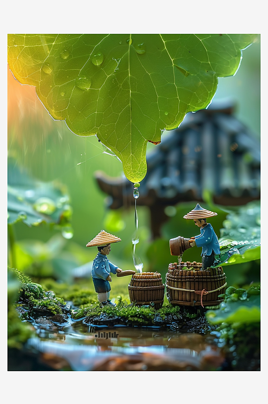 创意微距绿叶上的小人-众图网