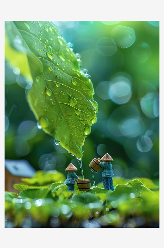 创意微距绿叶上的小人-众图网