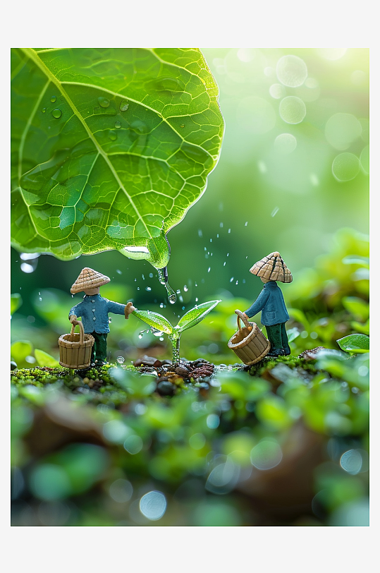 创意微距绿叶上的小人-众图网