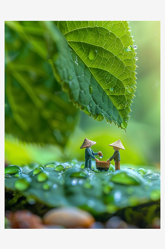 创意微距绿叶上的小人-众图网