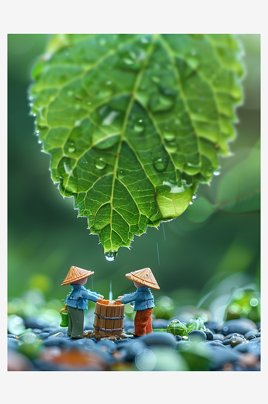 创意微距绿叶上的小人-众图网