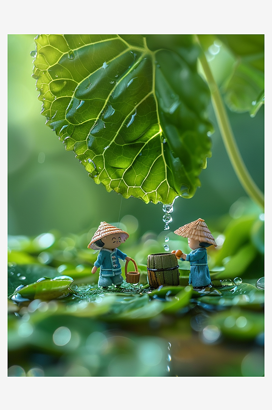 创意微距绿叶上的小人-众图网