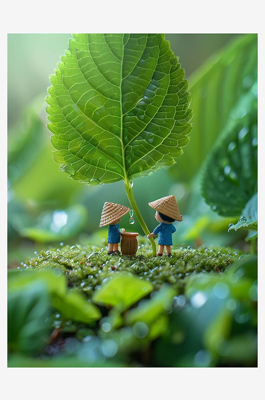 创意微距绿叶上的小人-众图网