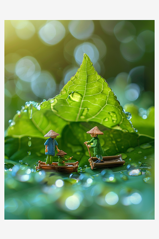 创意微距绿叶上的小人-众图网