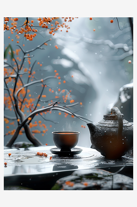 创意冬季户外桌上的茶水-众图网