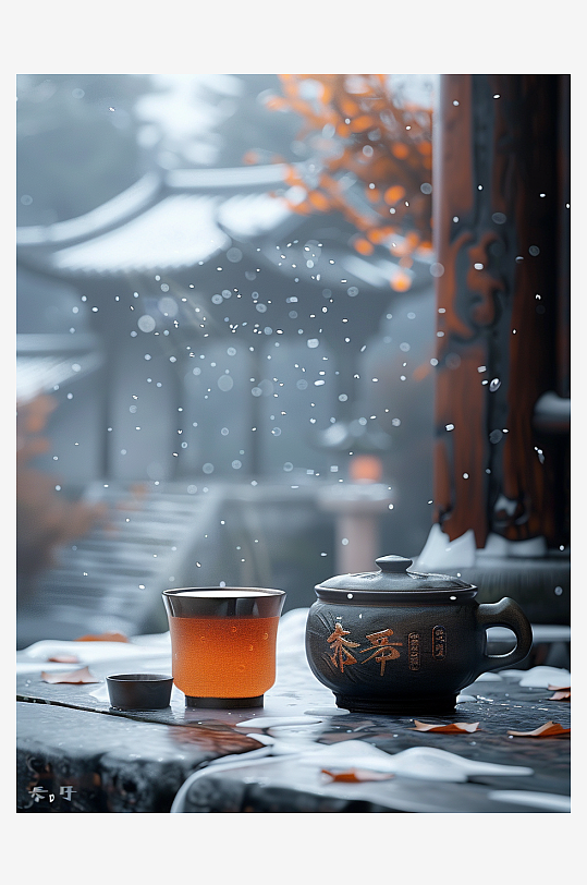 创意冬季户外桌上的茶水-众图网
